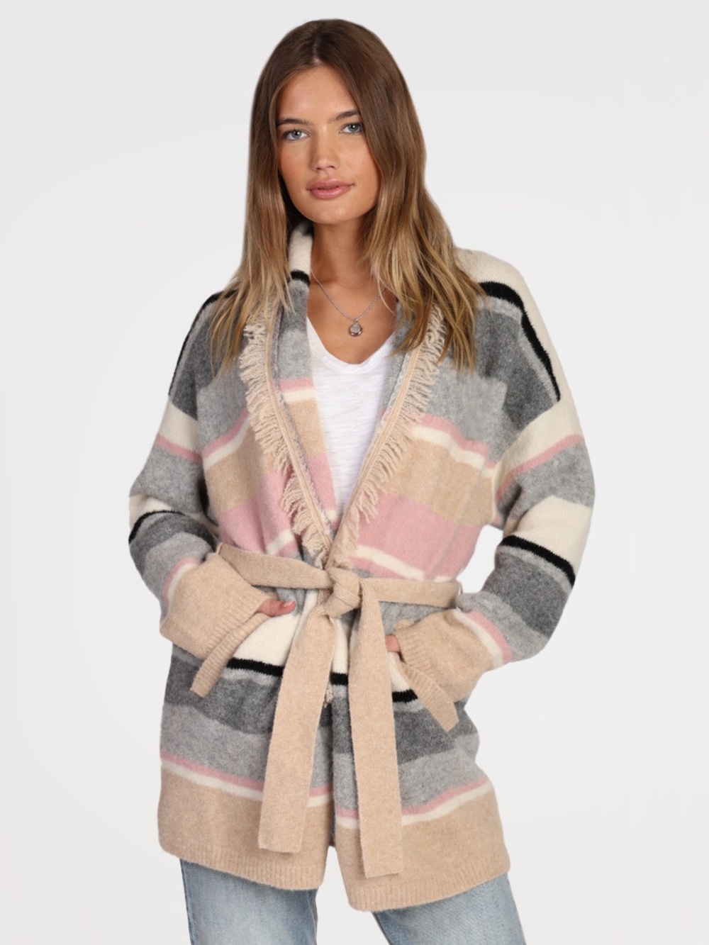 Dylan‎ Cardigan Sweater Belted Alpaca Blend Striped Cream Pink Gray Small